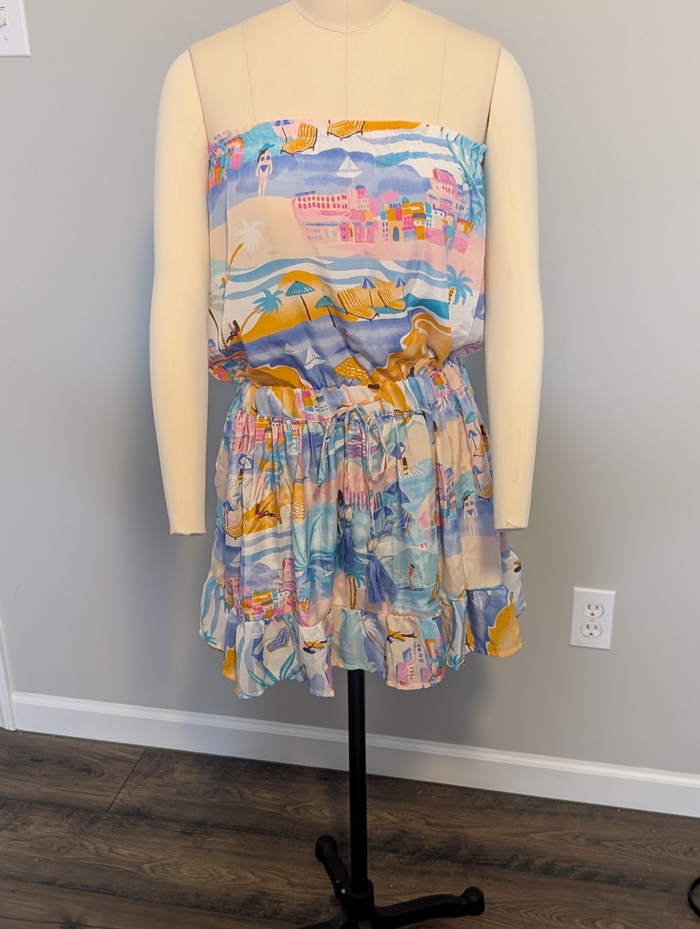 True Destinations Strapless Pastel Beach Print Mini Dress Size Small